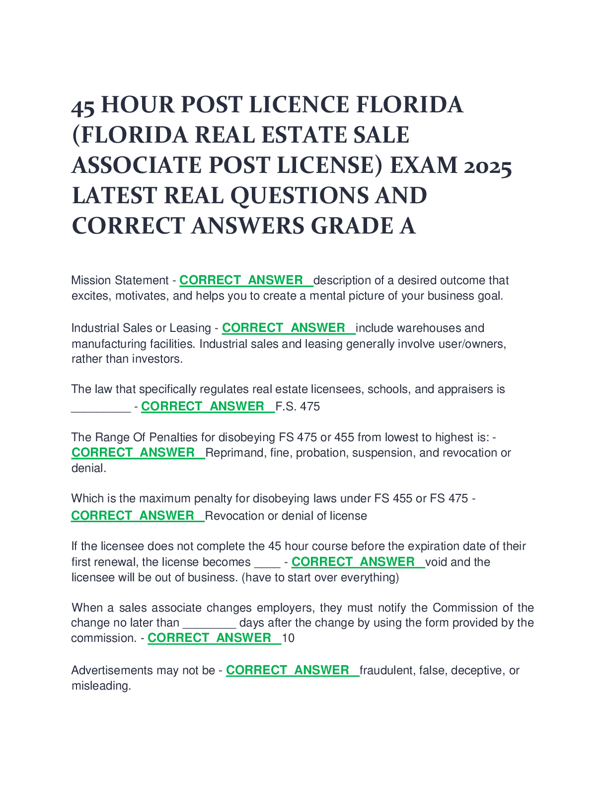 Preview image for 45 HOUR POST LICENCE FLORIDA  (FLORIDA REAL ESTATE SALE  ASSOCIATE POST LICENSE) EXAM 2025  LATEST REAL QUESTIONS AND  CORRECT ANSWERS GRADE A