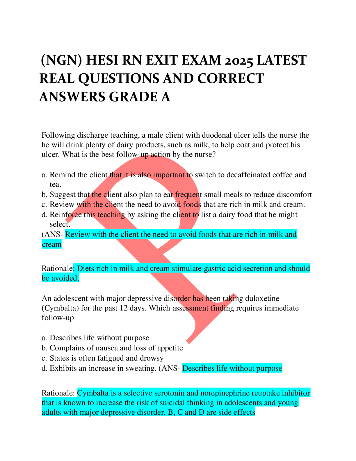 Preview image for (NGN) HESI RN EXIT EXAM 2025 LATEST  REAL QUESTIONS AND CORRECT  ANSWERS GRADE A