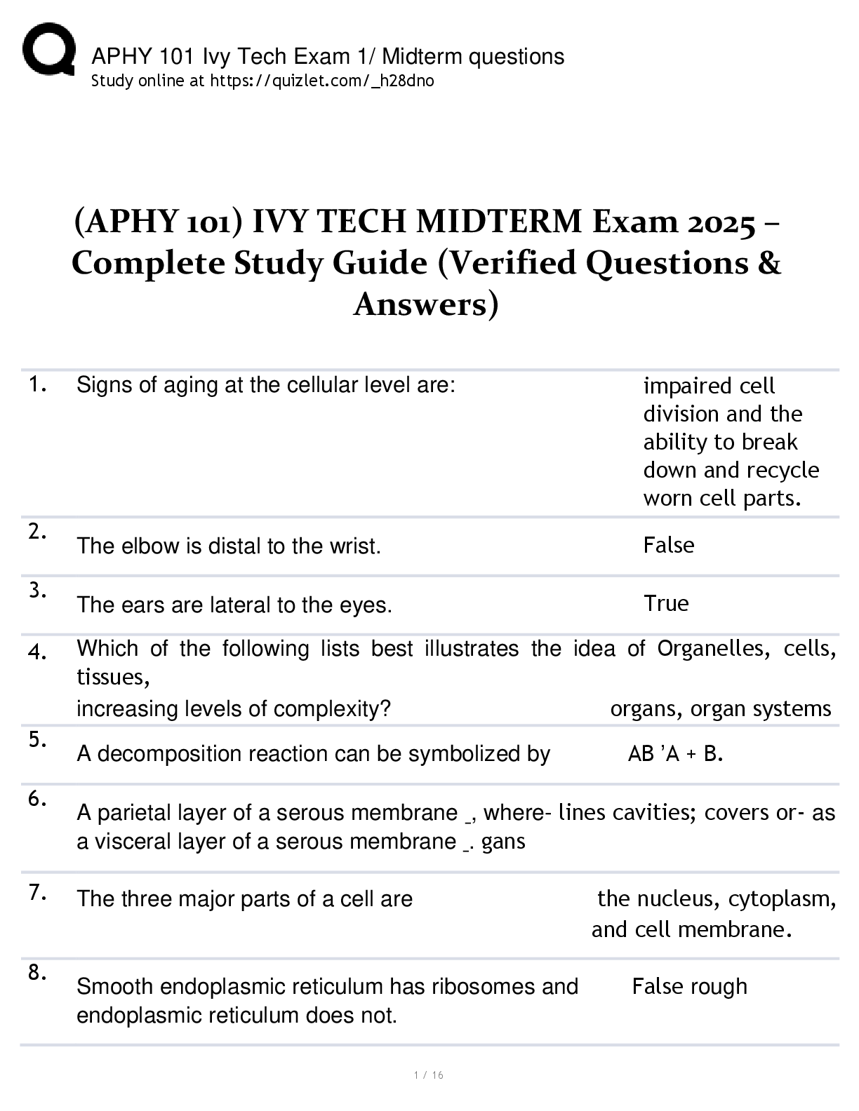 Preview image for (APHY 101) IVY TECH MIDTERM Exam 2025 –  Complete Study Guide (Verified Questions &  Answers)