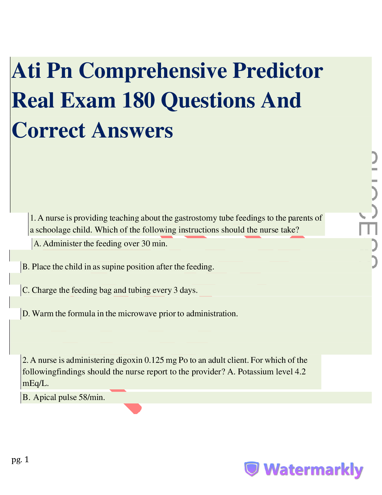 Preview image for Ati Pn Comprehensive Predictor  Real Exam 180 Questions And  Correct Answers