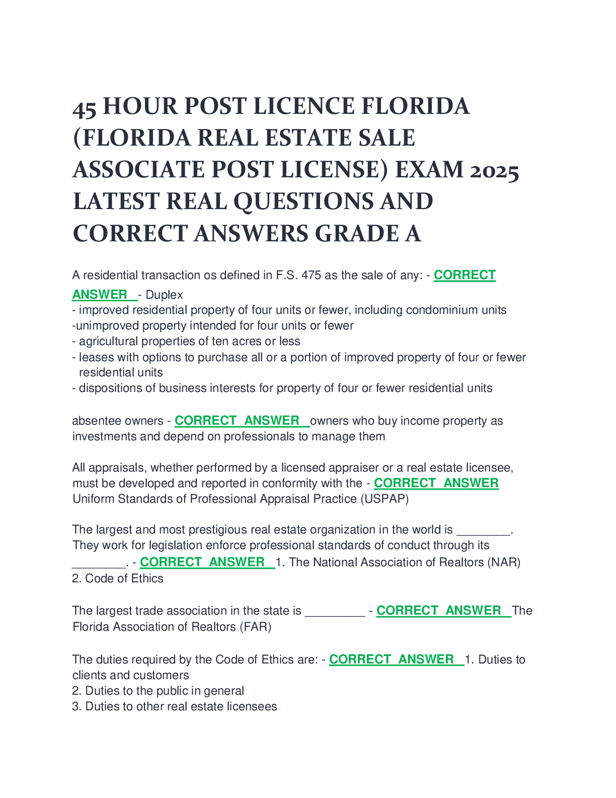 Preview image for 45 HOUR POST LICENCE FLORIDA  (FLORIDA REAL ESTATE SALE  ASSOCIATE POST LICENSE) EXAM 2025  LATEST REAL QUESTIONS AND  CORRECT ANSWERS GRADE A