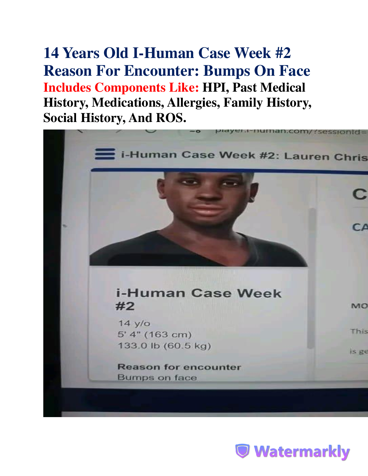 Preview image for 14 Years Old I-Human Case Week #2  Reason For Encounter: Bumps On Face  Includes Components Like: HPI, Past Medical  History, Medications, Allergies, Family History,  Social History, And ROS.