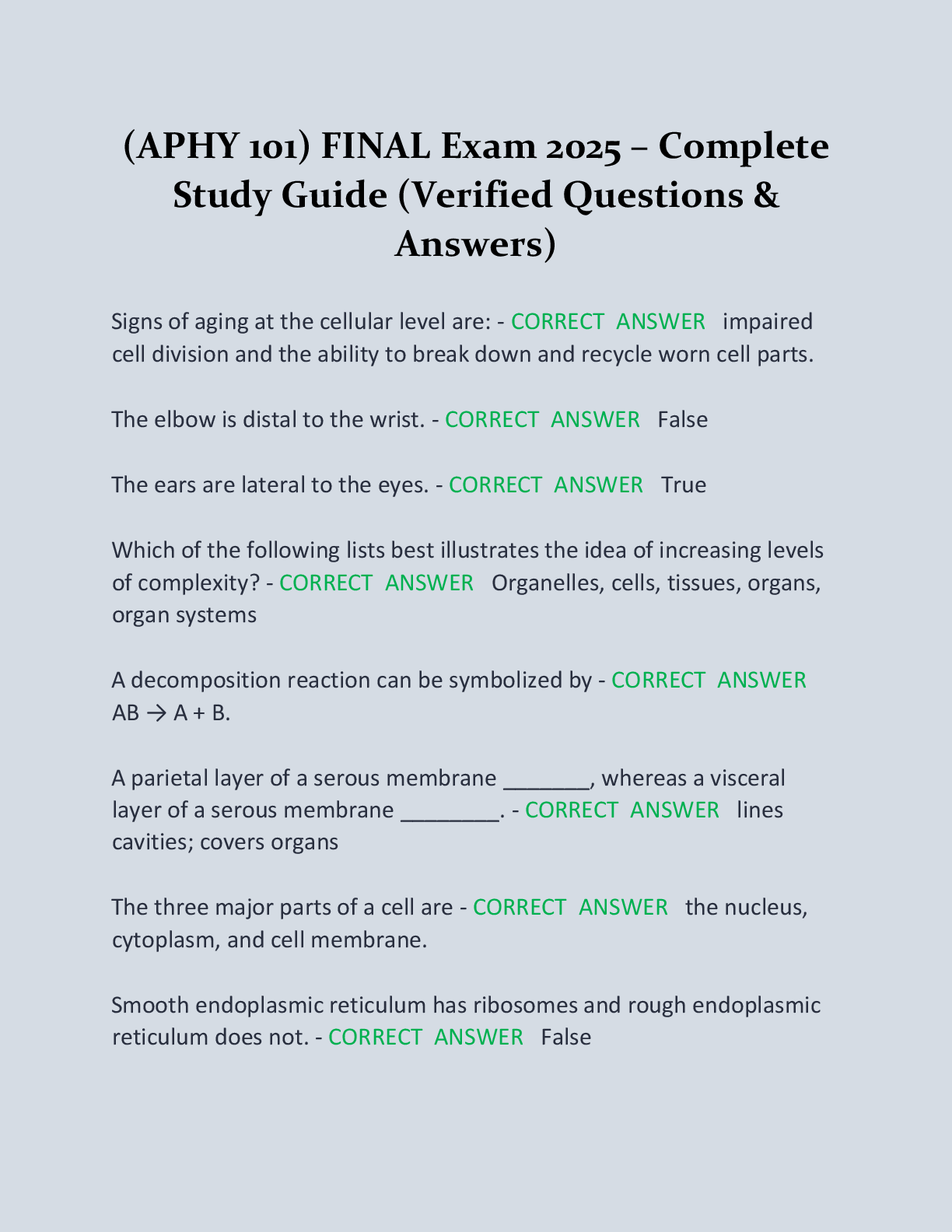 Preview image for (APHY 101) FINAL Exam 2025 – Complete   Study Guide (Verified Questions &   Answers)