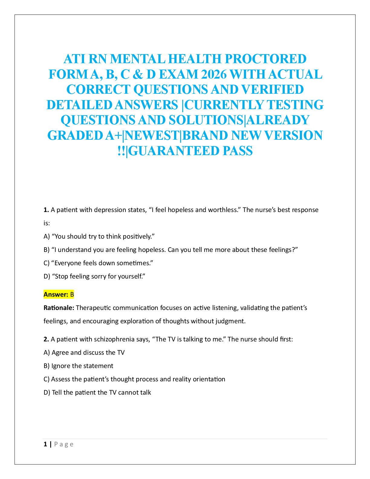 Preview image for ATI RN MENTAL HEALTH PROCTORED  FORM A, B, C & D EXAM 2026
