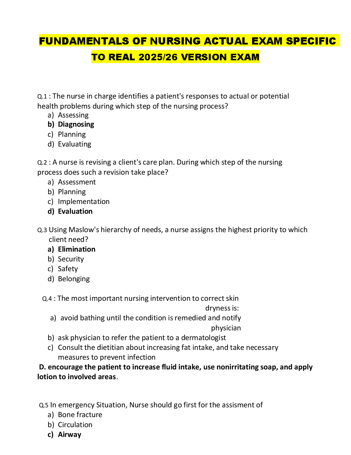 Preview image for FUNDAMENTALS OF NURSING ACTUAL EXAM SPECIFIC  TO REAL 2025/26 VERSION EXAM