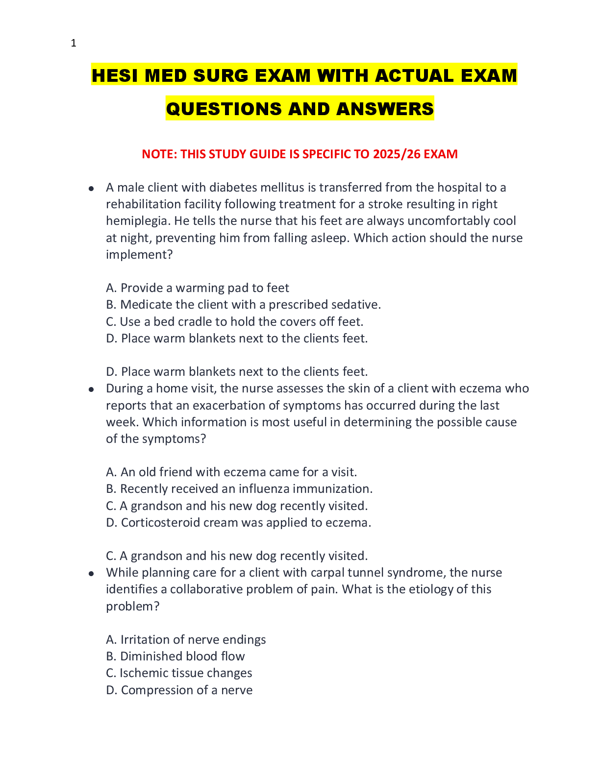 Preview image for HESI MED SURG EXAM WITH ACTUAL EXAM QUESTIONS AND ANSWERS