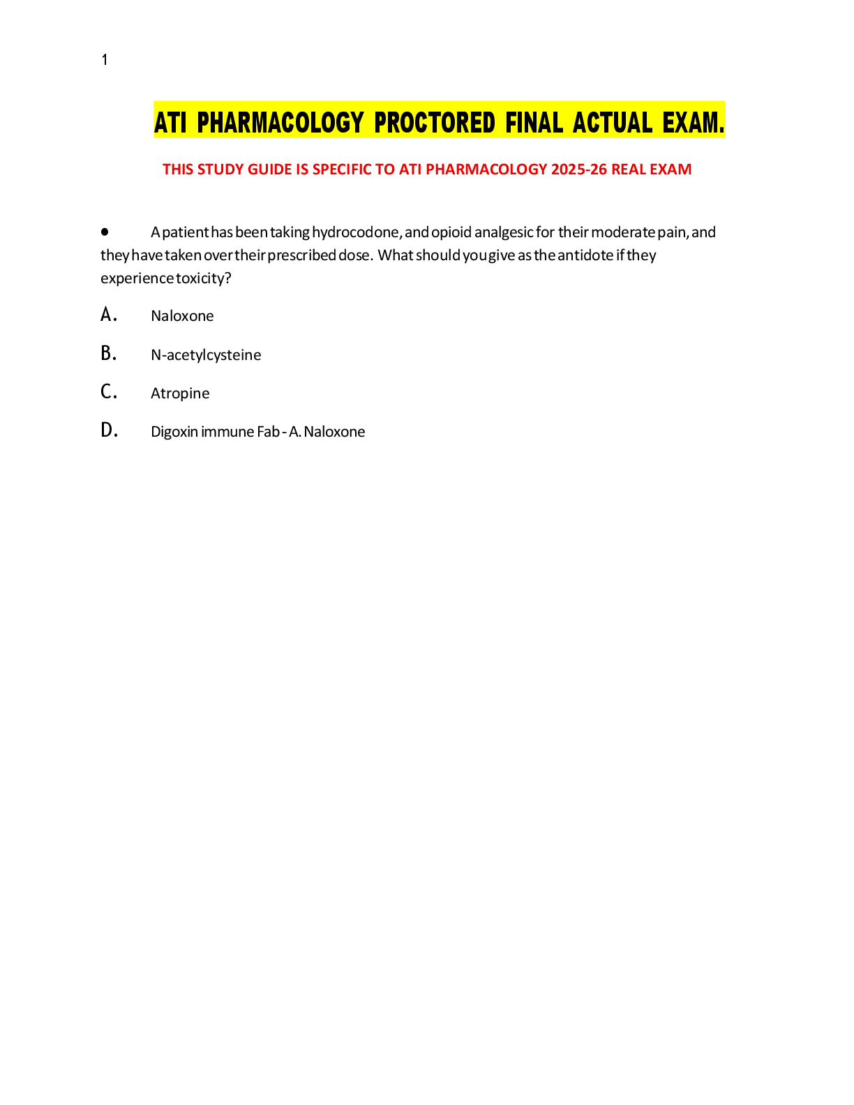 Preview image for ATI PHARMACOLOGY PROCTORED FINAL ACTUAL EXAM.