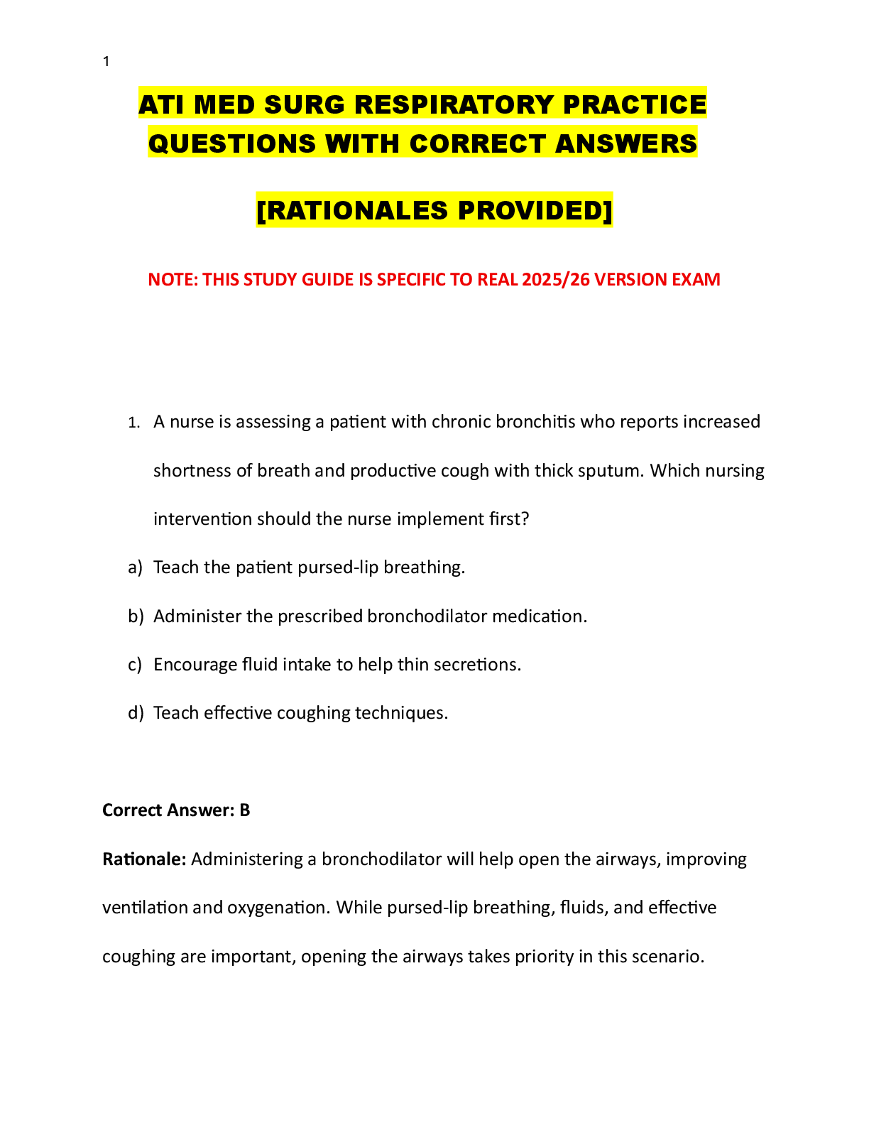 Preview image for ATI MED SURG RESPIRATORY PRACTICE QUESTIONS WITH CORRECT ANSWERS [RATIONALES PROVIDED]