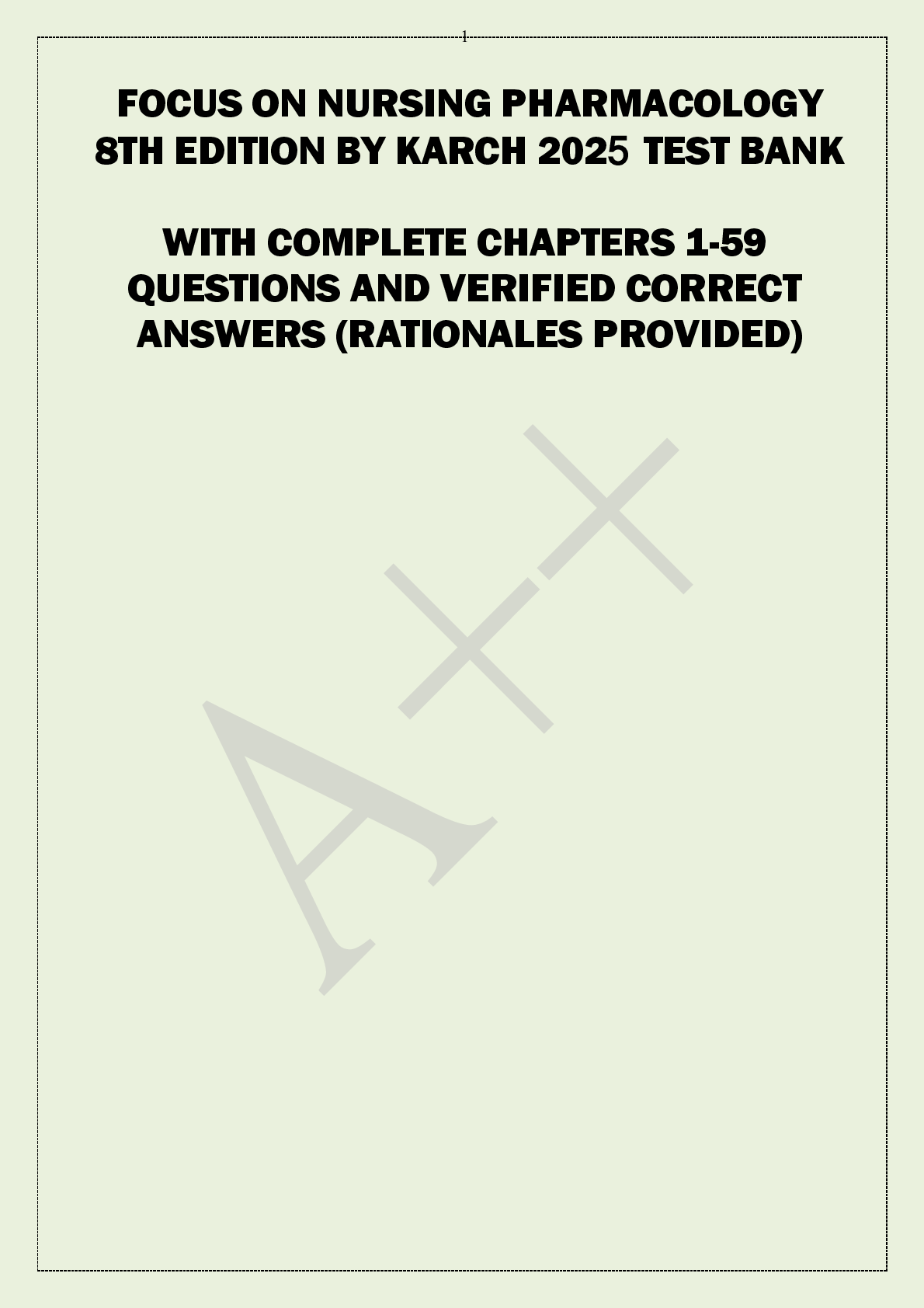 Preview image for FOCUS ON NURSING PHARMACOLOGY 8TH EDITION BY KARCH 2025 TEST BANK WITH COMPLETE CHAPTERS 1-59  QUESTIONS AND VERIFIED CORRECT  ANSWERS (RATIONALES PROVIDED)
