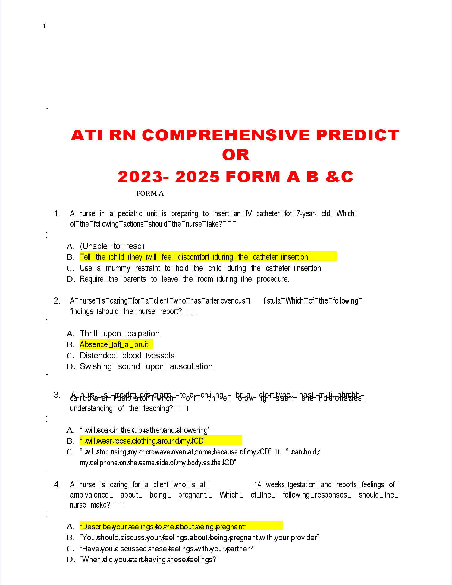 Preview image for ATI RN COMPREHENSIVE PREDICT OR 2023- 2025 FORM A B &C