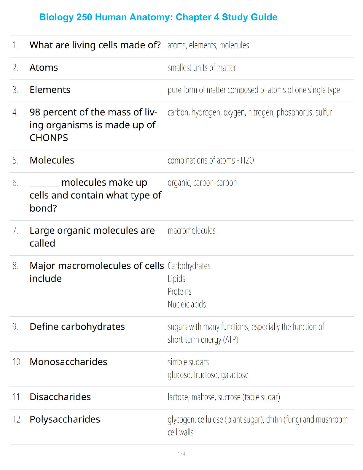 Biology 250 Human Anatomy: Chapter 4 Study Guide