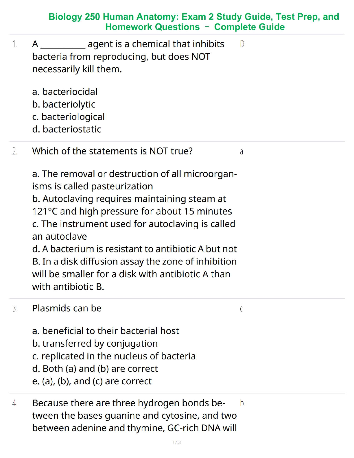 Biology 250 Human Anatomy: Exam 2 Study Guide, Test Prep, and Homework Questions – Complete Guide