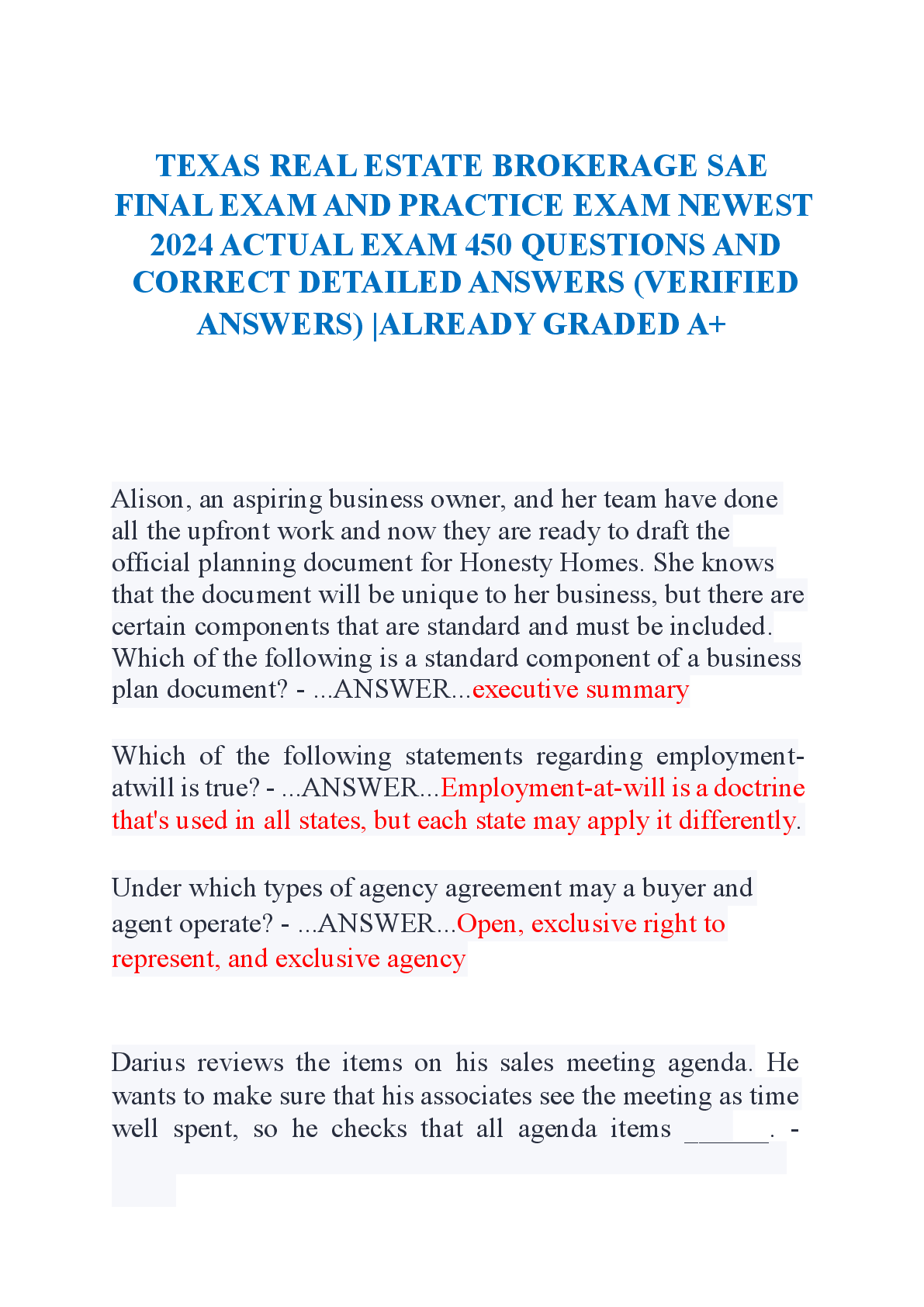 Preview image for TEXAS REAL ESTATE BROKERAGE SAE FINAL EXAM AND PRACTICE EXAM NEWEST 2024 ACTUAL EXAM 450 QUESTIONS AND VERIFIED ANSWERS