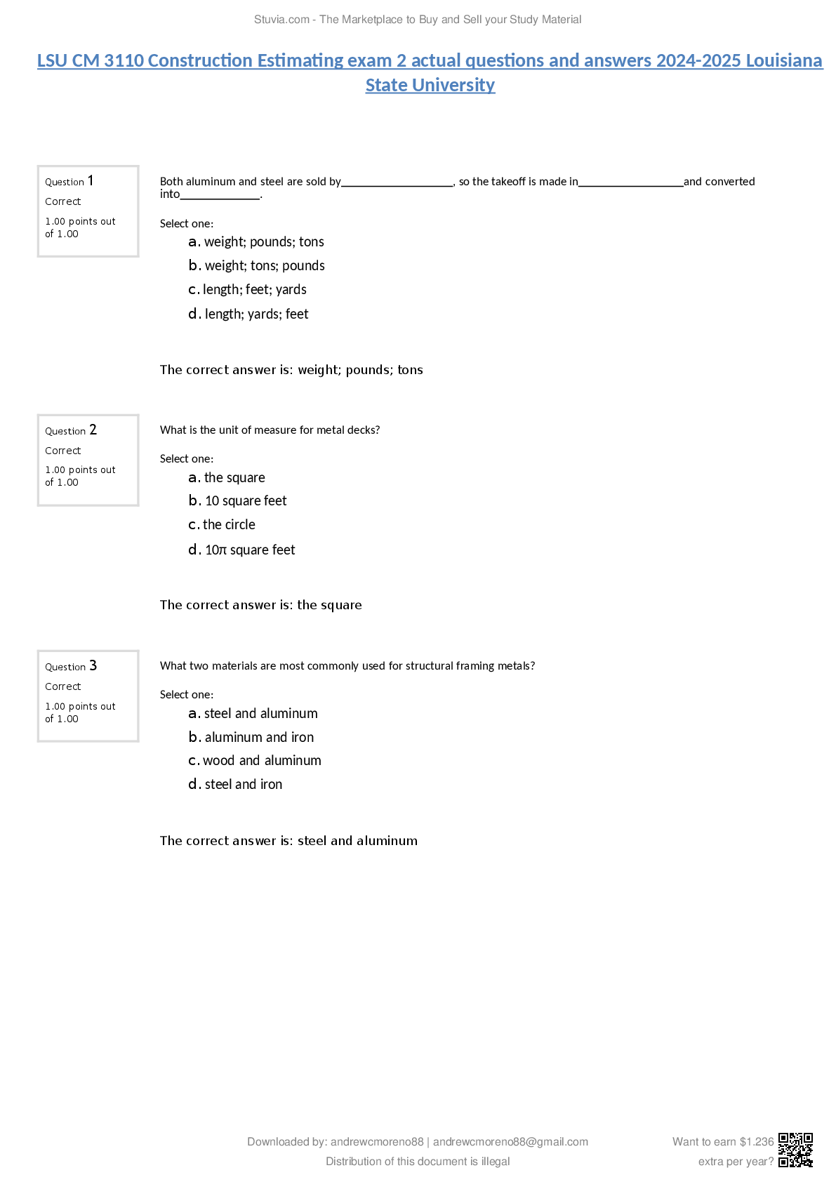 Preview image for LSU CM 3110 Construction Estimating exam 2 actual questions and answers 2024-2025 Louisiana State University