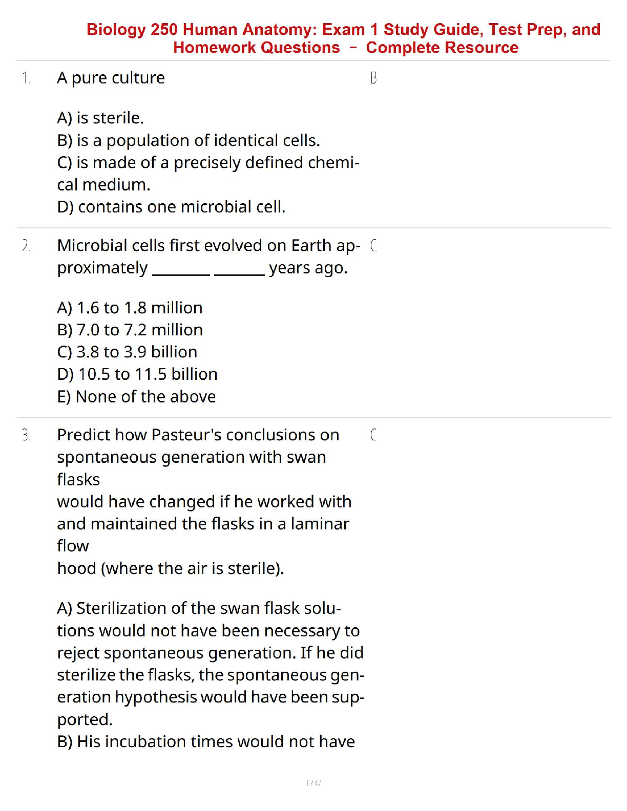 Biology 250 Human Anatomy: Exam 1 Study Guide, Test Prep, and Homework Questions – Complete Resource