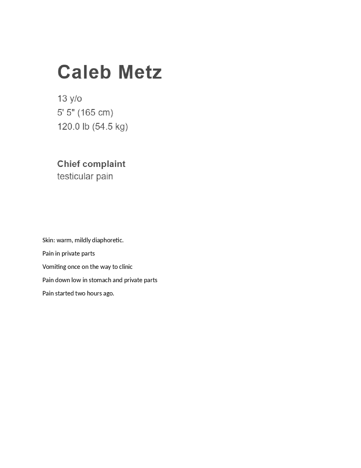 Preview image for Skin: warm, mildly diaphoretic. Pain in private parts Vomiting once on the way to clinic Pain down low in stomach and private parts Pain started two hours ago