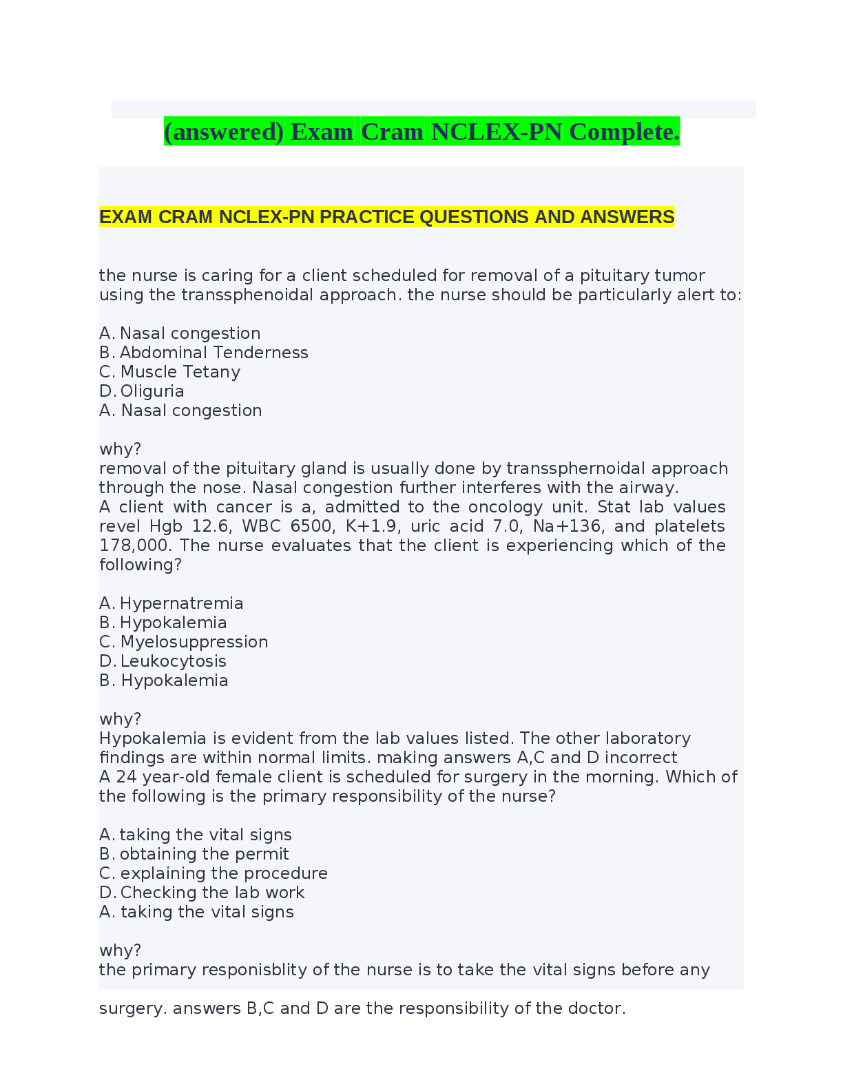 Preview image for (answered) Exam Cram NCLEX-PN Complete. EXAM CRAM NCLEX-PN PRACTICE QUESTIONS AND ANSWERS