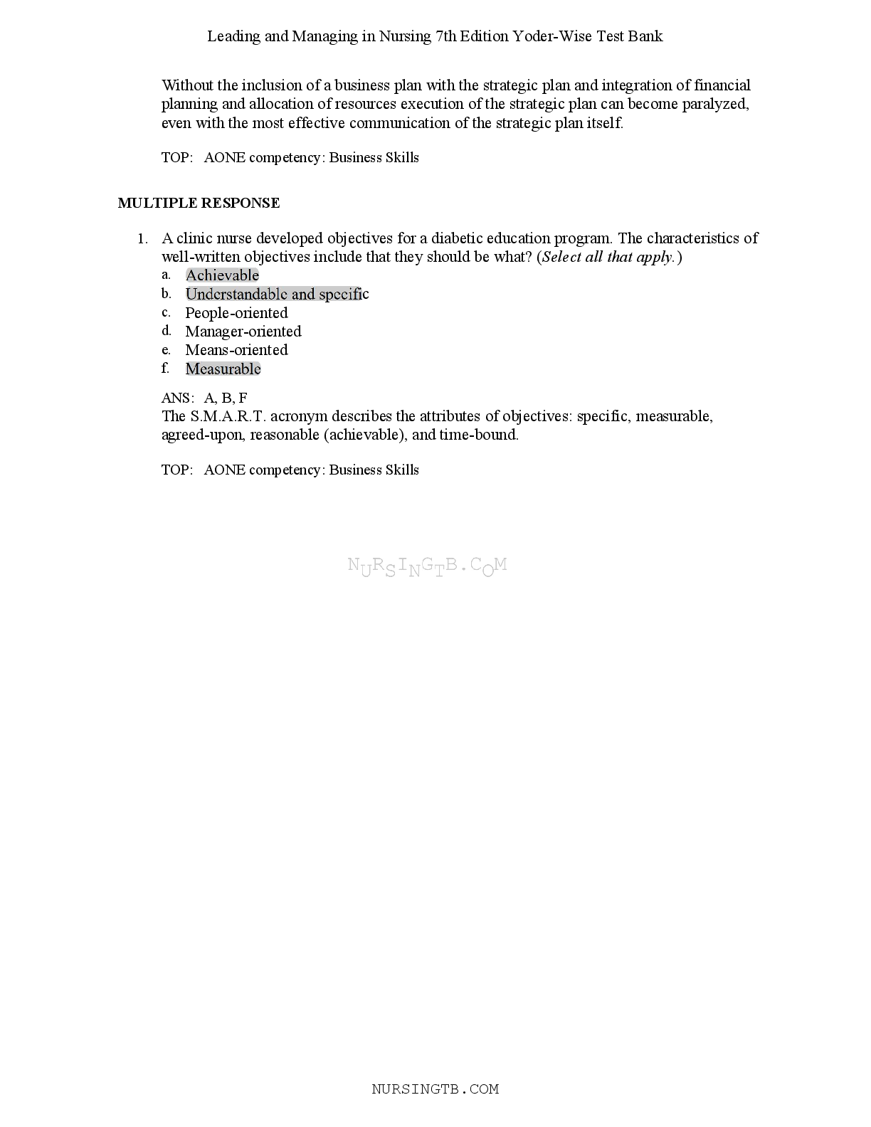 Preview image for Leading and Managing in Nursing 7th Edition Yoder-Wise Test Bank