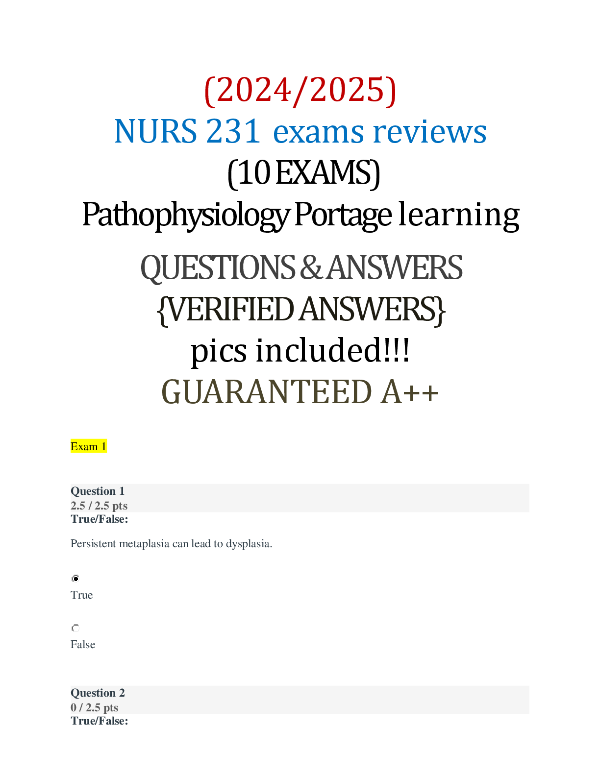 Preview image for (2024/2025) NURS 231 exams reviews (10 EXAMS) Pathophysiology Portage learning QUESTIONS & ANSWERS {VERIFIED ANSWERS} pics included!!! GUARANTEED A++