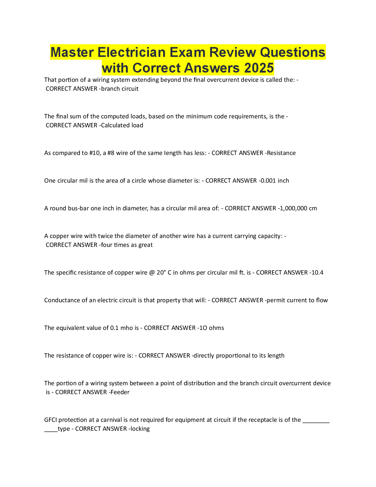 Preview image for Master Electrician Exam Review Questions with Correct Answers 2025