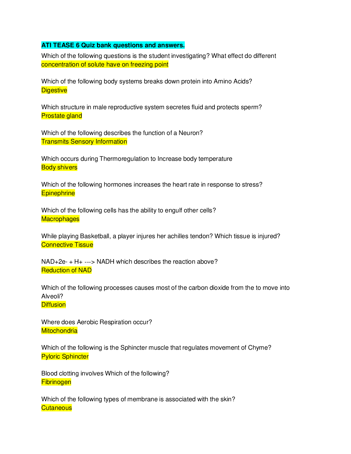 Preview image for ATI TEASE 6 Quiz bank questions and answers.