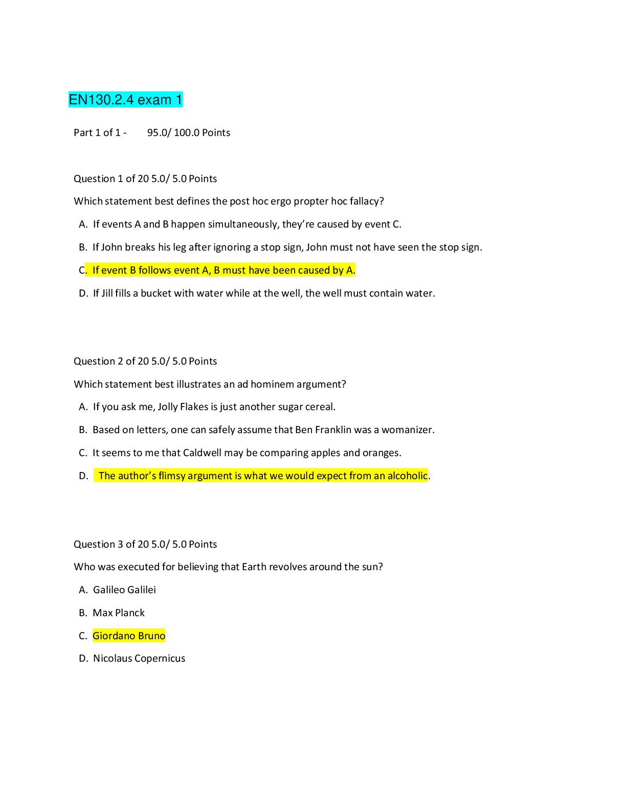 Preview image for EN130.2.4 exam 1 Part 1 of 1 - 95.0/ 100.0 Points Question 1 of 20 5.0/ 5.0 Points