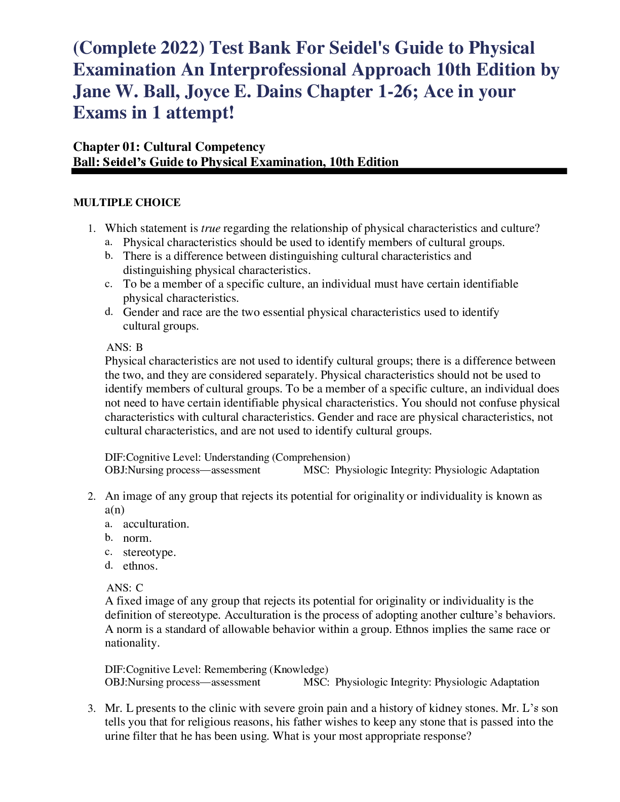 Preview image for (Complete 2022) Test Bank For Seidel's Guide to Physical Examination An Interprofessional Approach 10th Edition by Jane W. Ball, Joyce E. Dains Chapter 1-26; Ace in your Exams in 1 attempt!