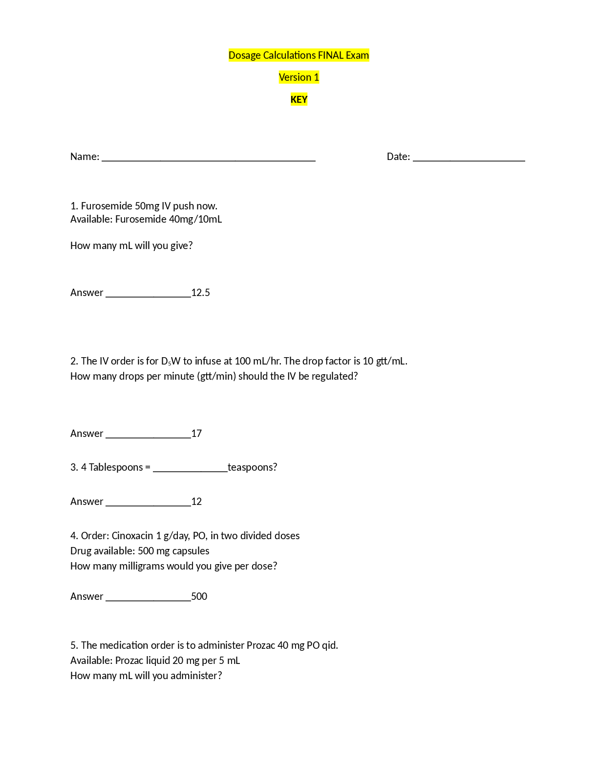 Preview image for Dosage Calculations FINAL Exam Version 1 KEY