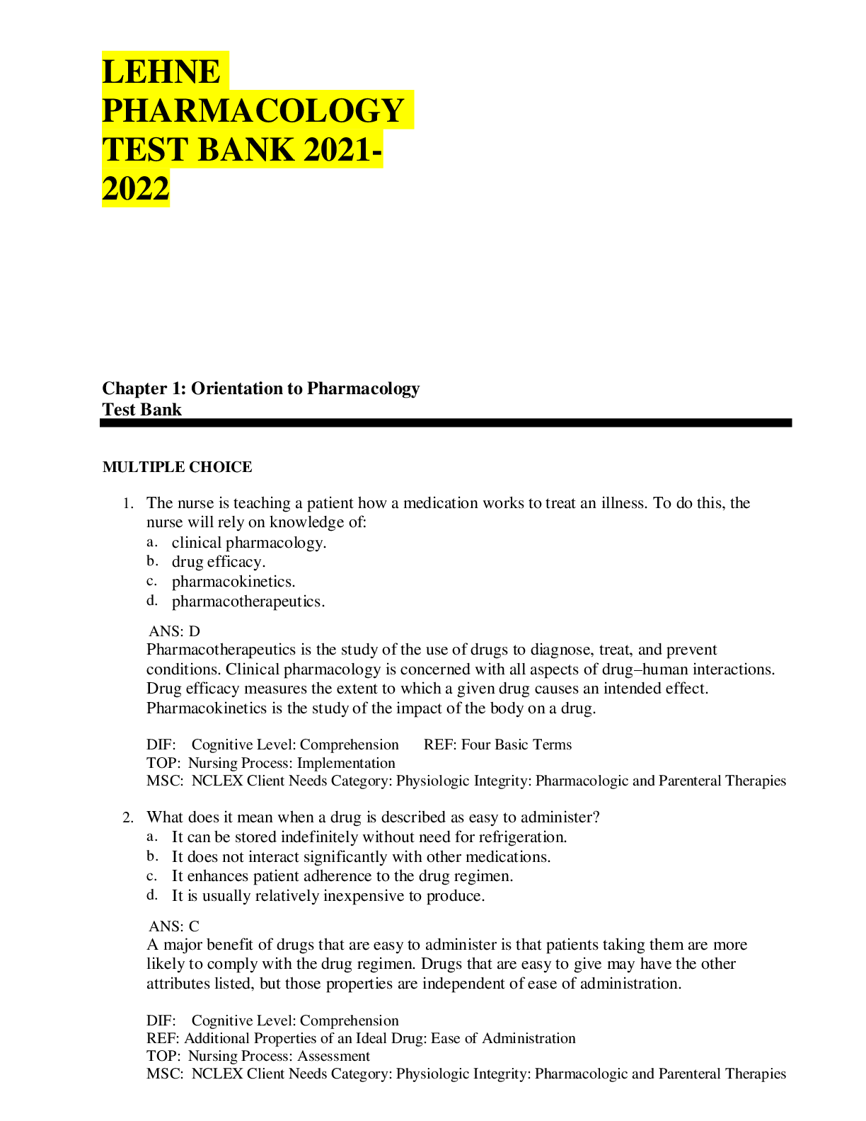 Preview image for LEHNE PHARMACOLOGY TEST BANK 2021-2022