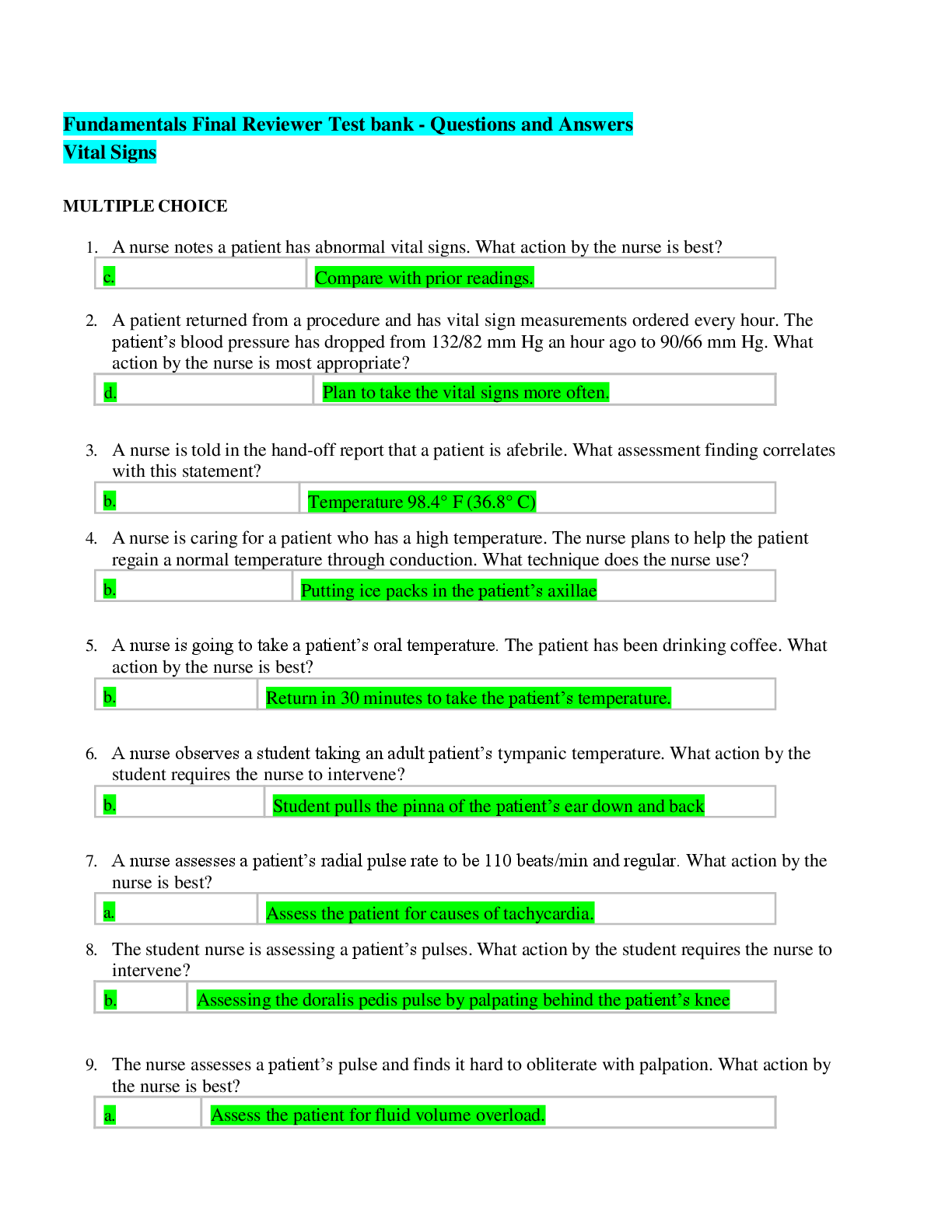 Preview image for Fundamentals Final Reviewer Test bank - Questions and Answers Vital Signs