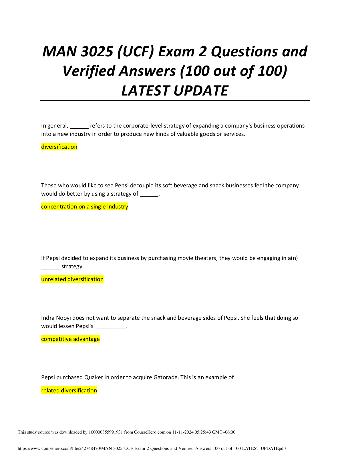 Preview image for MAN 3025 (UCF) Exam 2 Questions and Verified Answers (100 out of 100) LATEST UPDATE