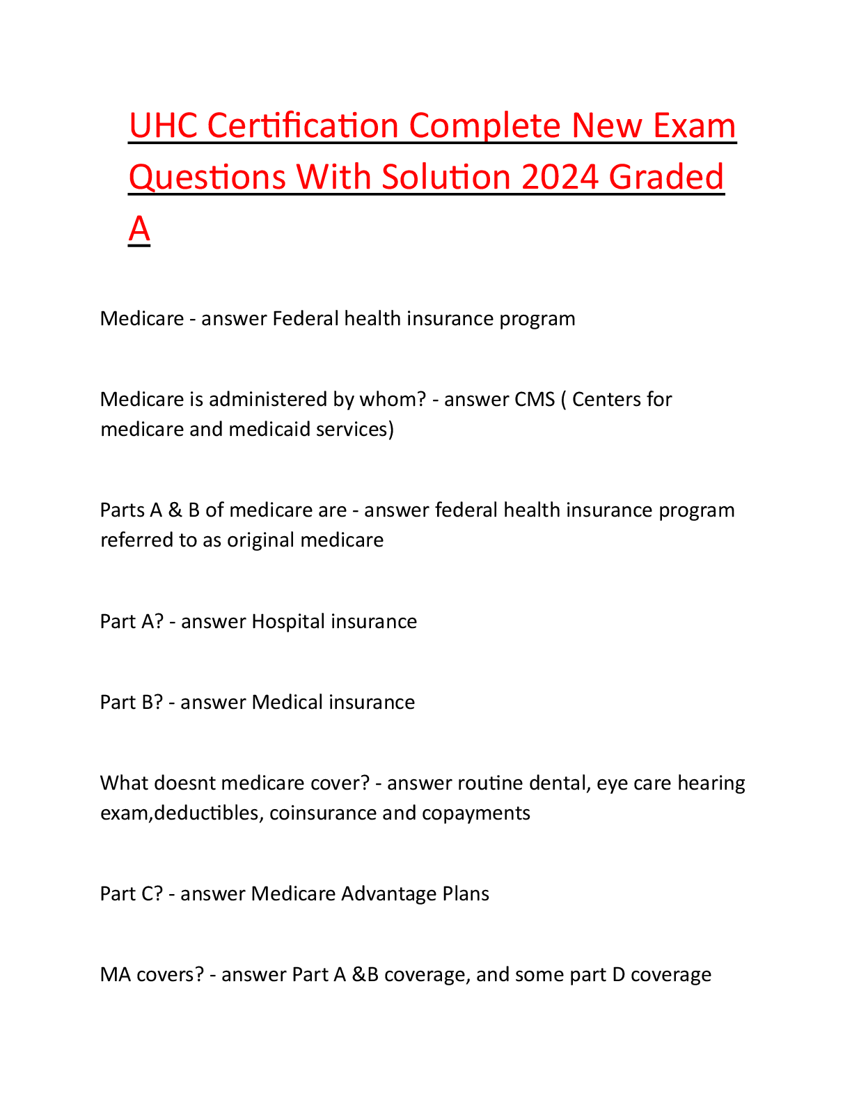 Preview image for UHC Certification Complete New Exam Questions With Solution 2024 Graded A