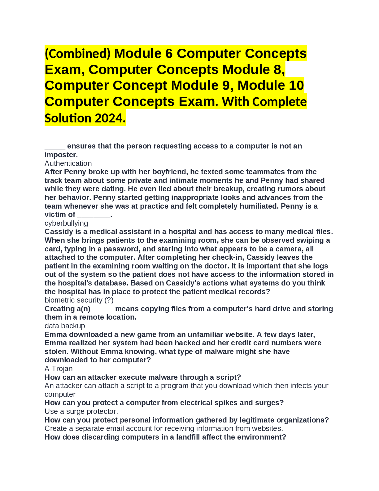 Preview image for Combined) Module 6 Computer Concepts Exam, Computer Concepts Module 8, Computer Concept Module 9, Module 10 Computer Concepts Exam. With Complete Solution 2024.