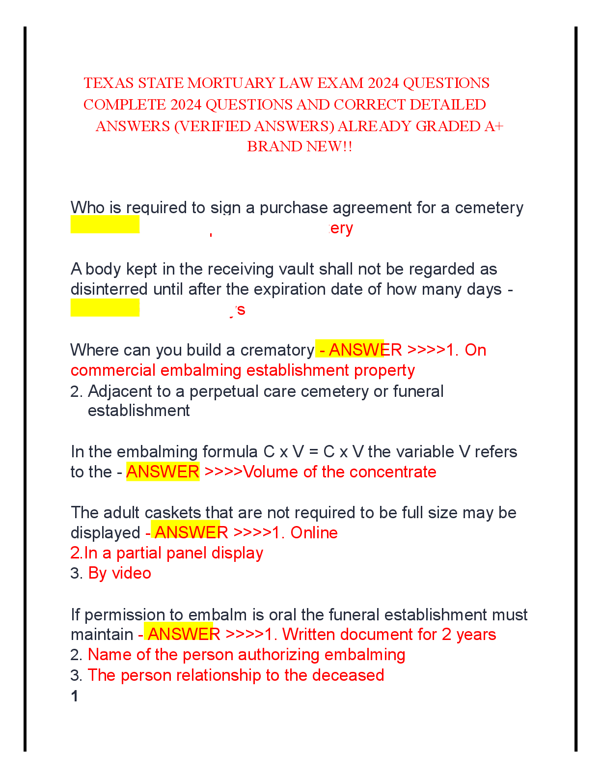 Preview image for TEXAS STATE MORTUARY LAW EXAM 2024 QUESTIONS COMPLETE 2024 QUESTIONS AND CORRECT DETAILED ANSWERS
