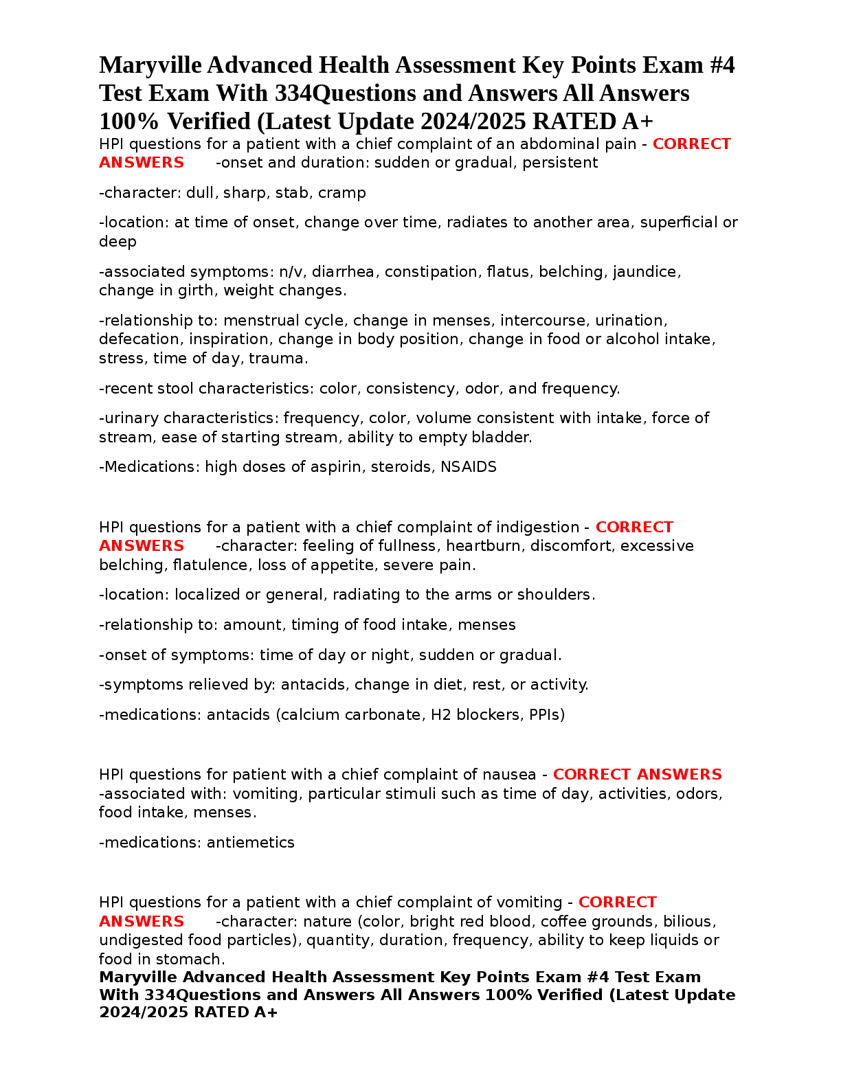 Preview image for Maryville Advanced Health Assessment Key Points Exam #4 Test Exam With 334Questions and Answers All Answers 100% Verified (Latest Update 2024-2025 RATED A+