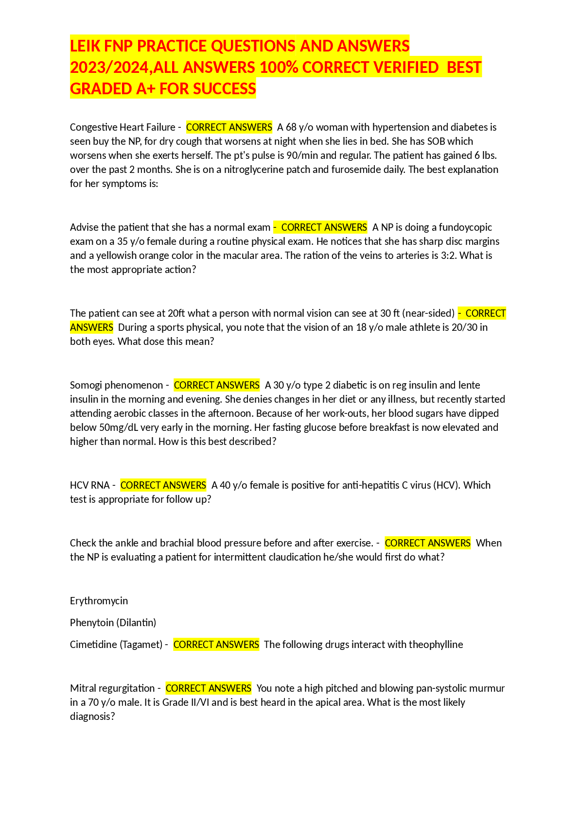 Preview of LEIK FNP PRACTICE QUESTIONS AND ANSWERS 20232024,ALL ANSWERS 100% CORRECT VERIFIED BEST GR