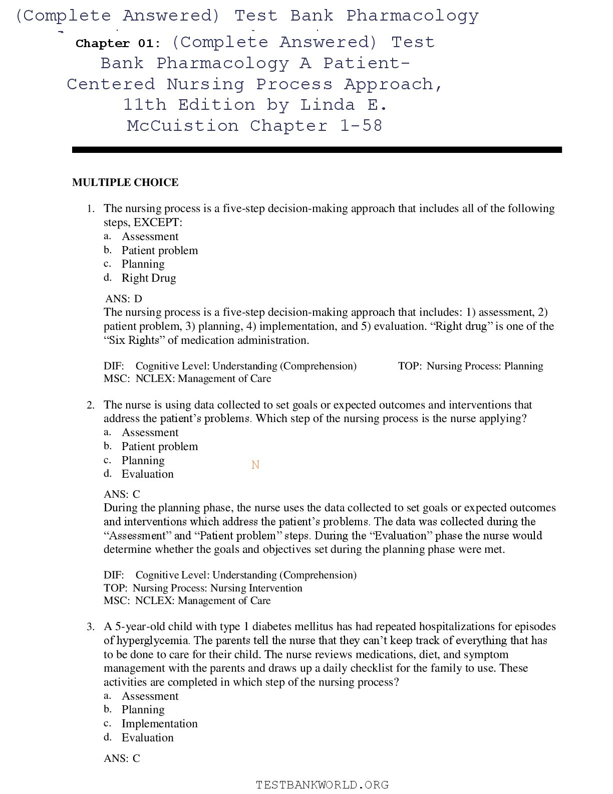 Preview image for Complete Answered) Test Bank Pharmacology A Patient-Centered Nursing Process Approach, 11th Edition by Linda E. McCuistion Chapter 1-58 TESTBANKWORLD.ORG Chapter 01: (Complete Answered) Test Bank Pharmacology A PatientCentered Nursing Process Approach, 11th Edition by Linda E. McCuistion Chapter 1-58