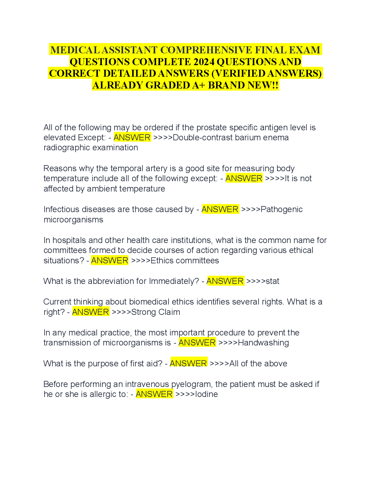 Preview image for MEDICAL ASSISTANT COMPREHENSIVE FINAL EXAM QUESTIONS COMPLETE 2024  WITH VERIFIED ANSWERS