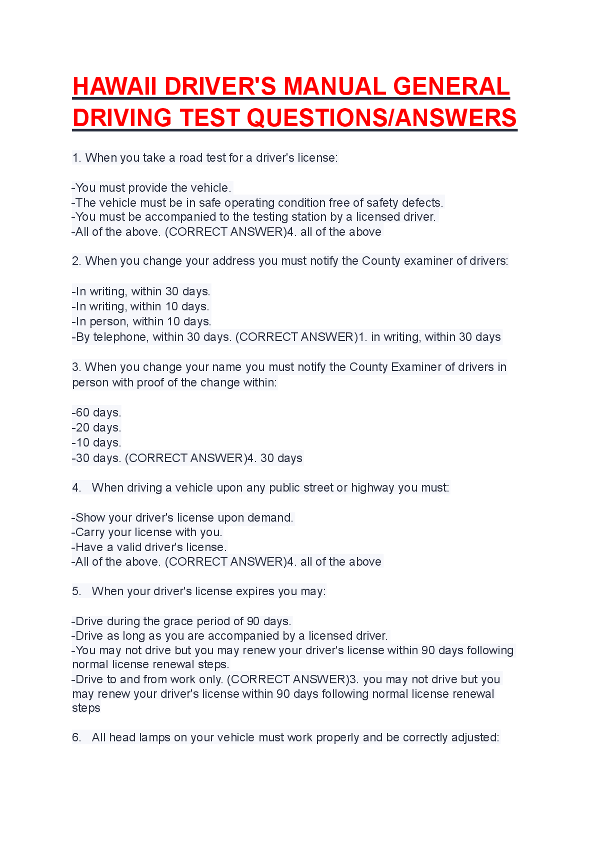 Preview image for HAWAII DRIVER'S MANUAL GENERAL DRIVING TEST QUESTIONS AND ANSWERS