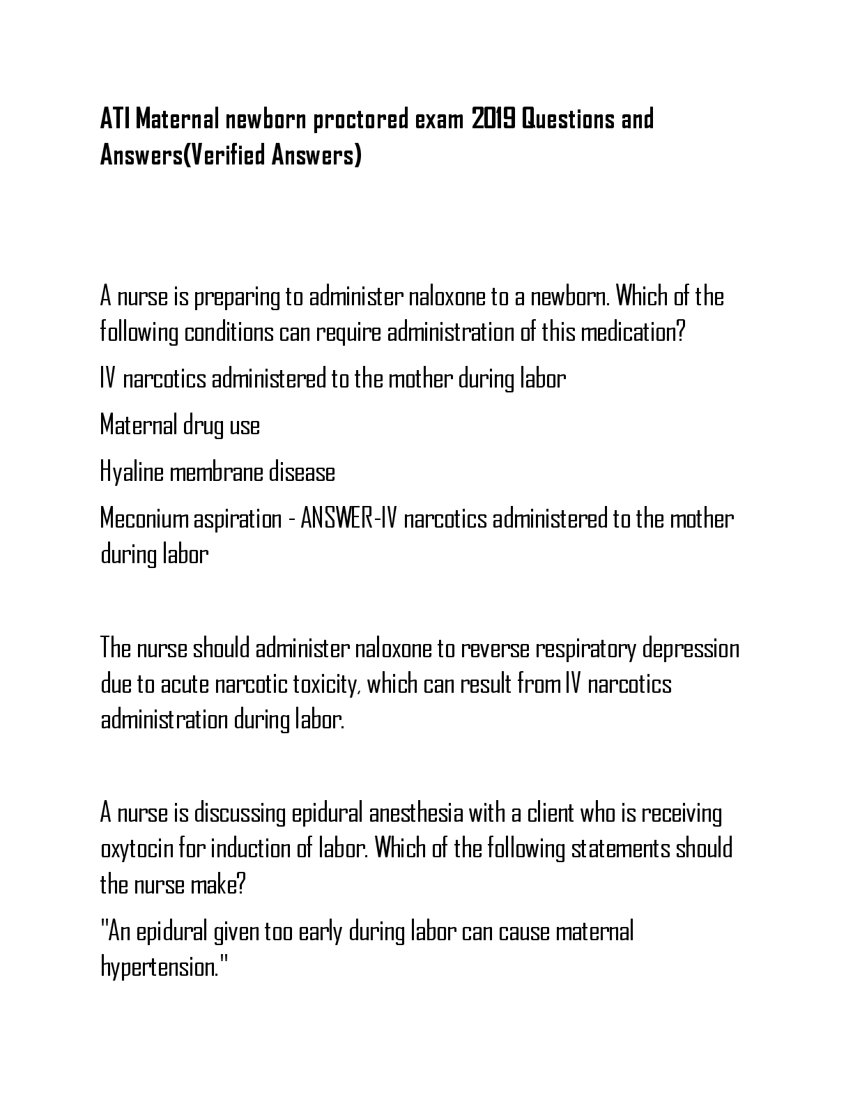 Preview image for ATI Maternal newborn proctored exam 2019 Questions and  Answers(Verified Answers