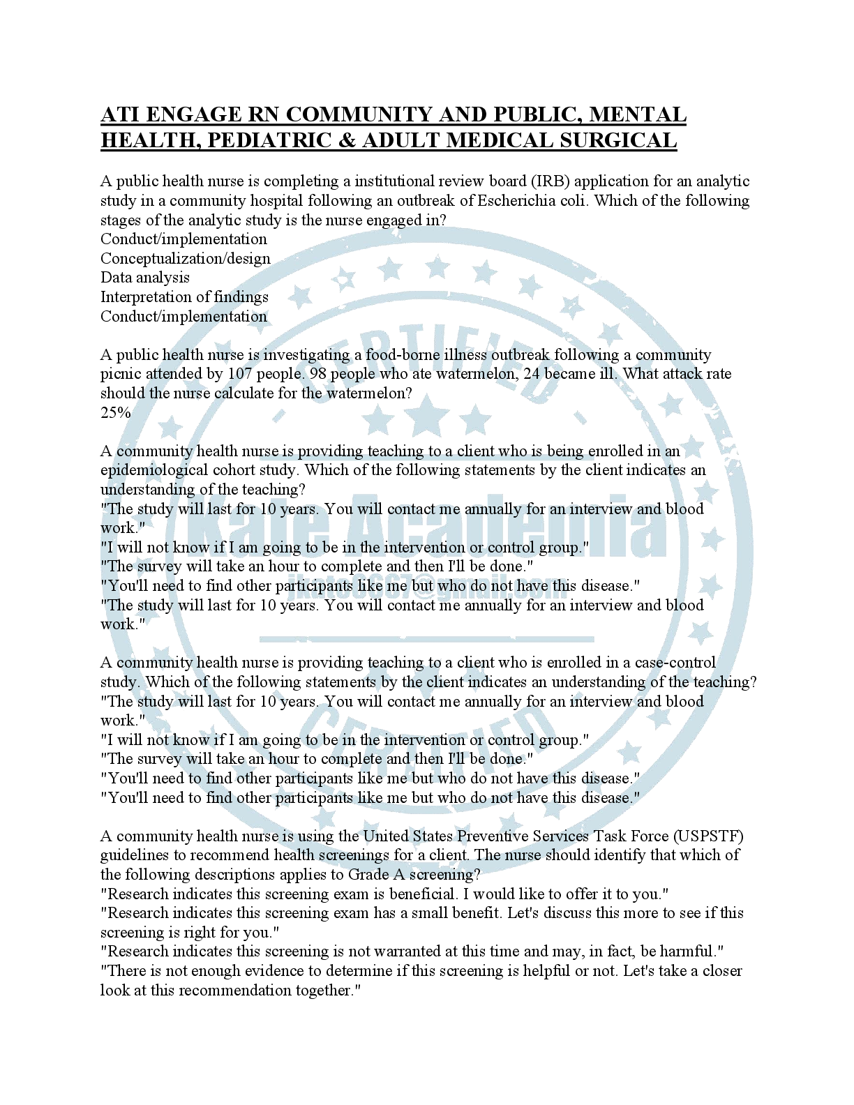 Preview image for ATI ENGAGE RN COMMUNITY AND PUBLIC, MENTAL HEALTH, PEDIATRIC & ADULT MEDICAL SURGICAL.