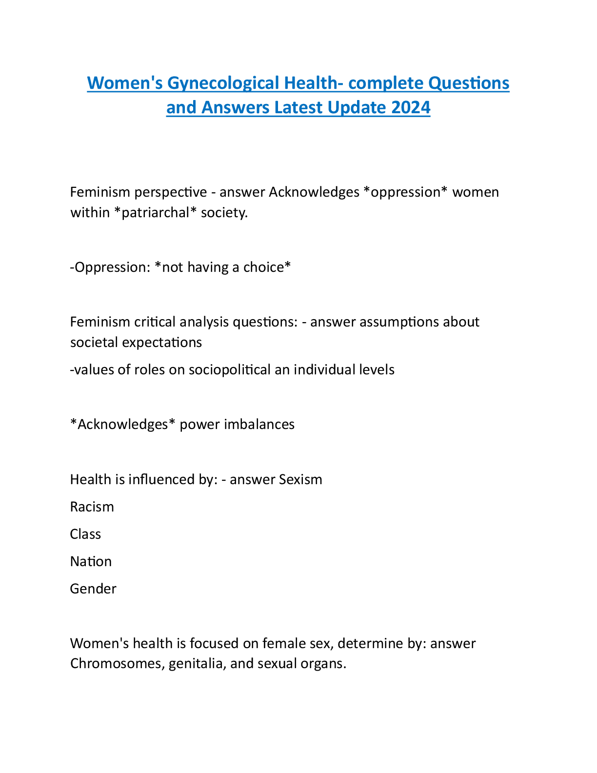 Preview image for Women's Gynecological Health- Complete Questions and Answers  Latest Update 2024
