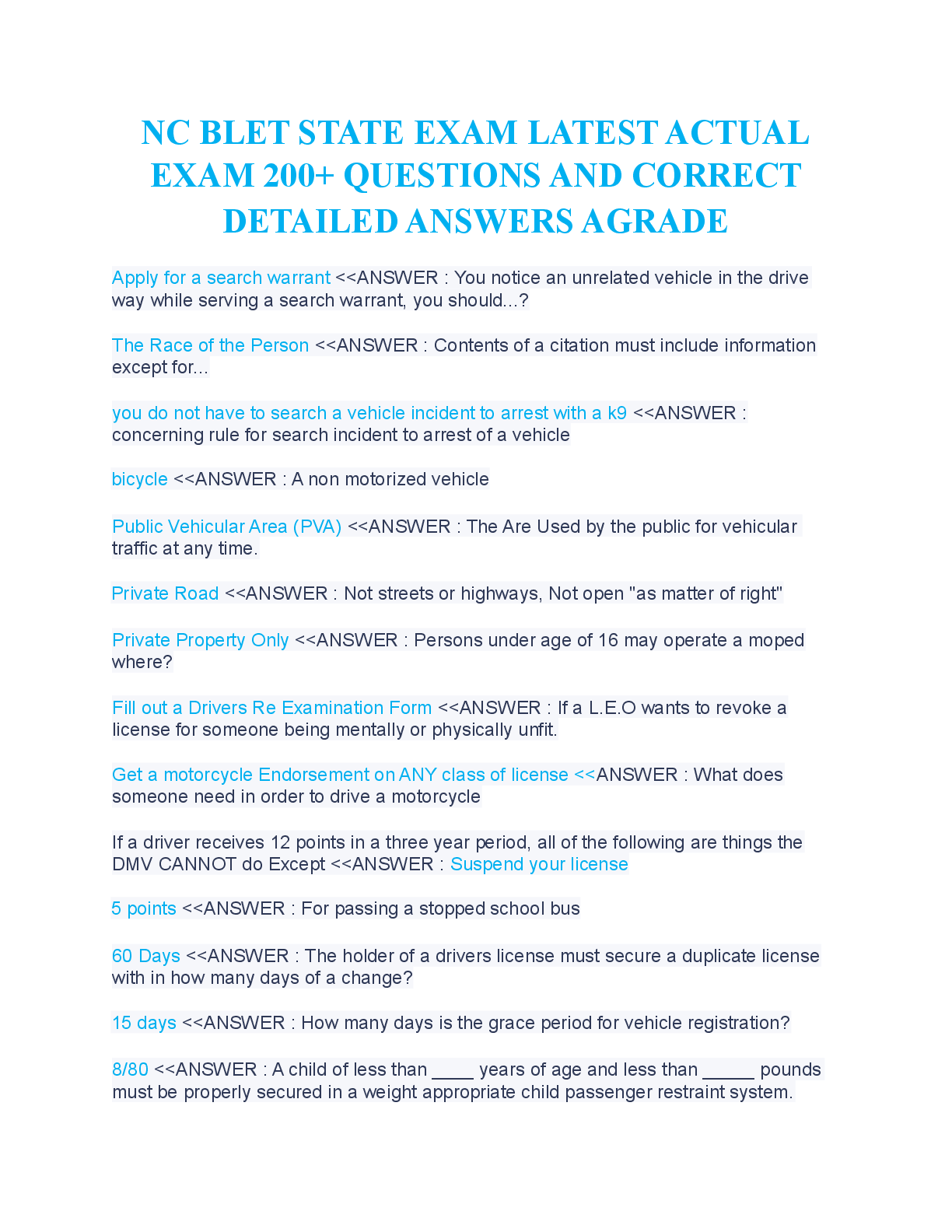 Preview image for NC BLET STATE EXAM LATEST ACTUAL EXAM 200+ QUESTIONS AND CORRECT DETAILED ANSWERS AGRADE