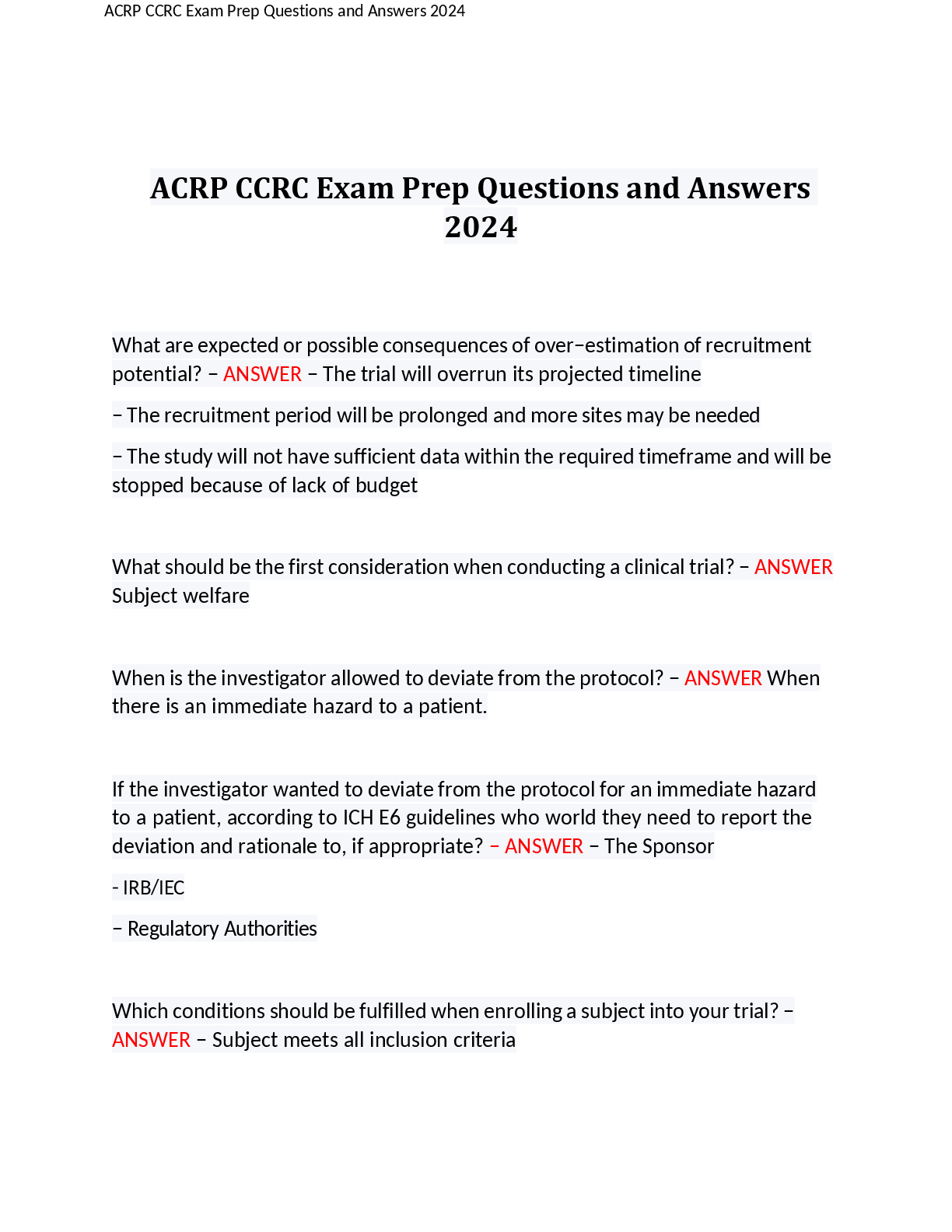 Preview image for ACRP CCRC Exam Preparation Questions and Answers 2024! 100% CORRECT ANSWERS