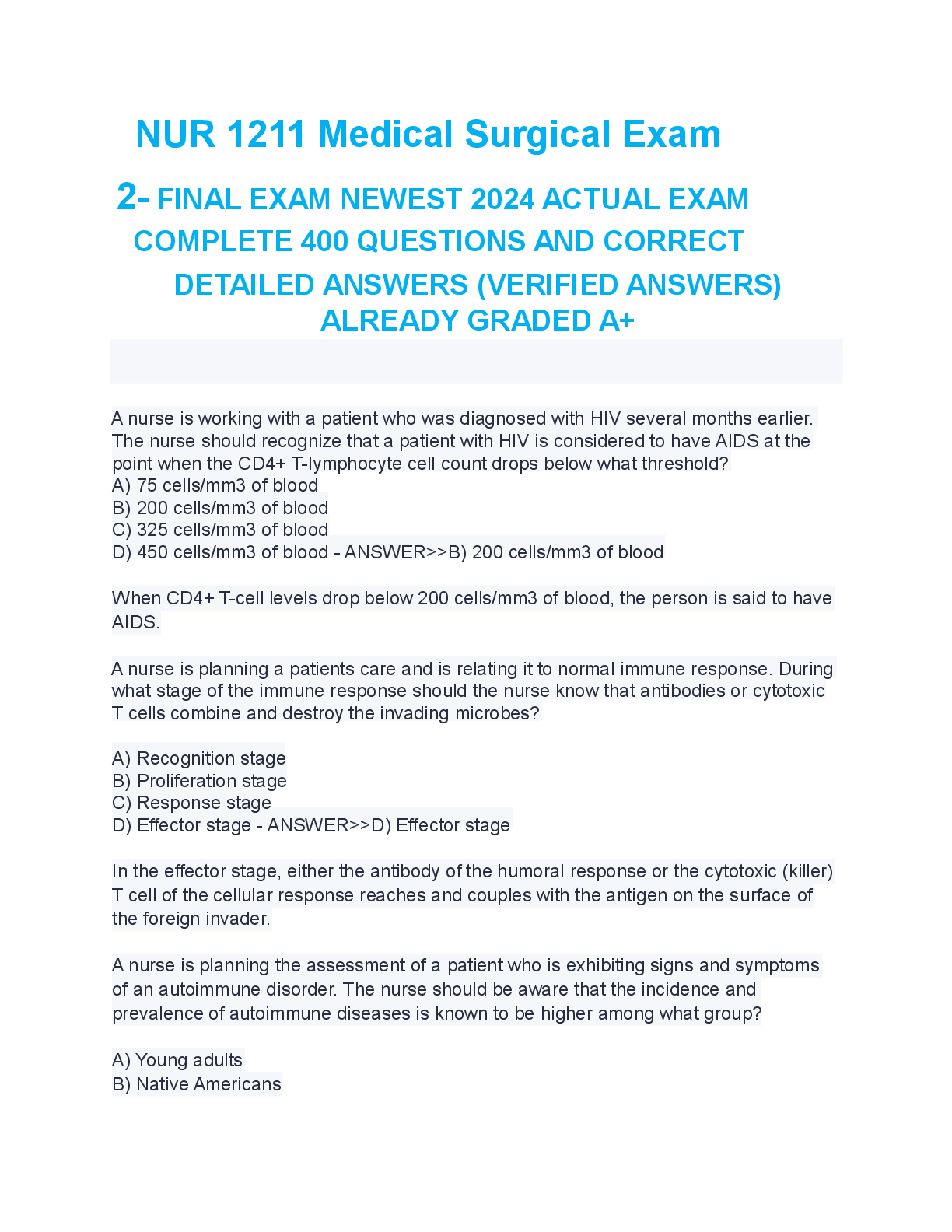 Preview image for NUR 1211 Medical Surgical Exam 2- FINAL EXAM NEWEST 2024 ACTUAL EXAM COMPLETE 400 QUESTIONS WITH VERIFIED ANSWERS