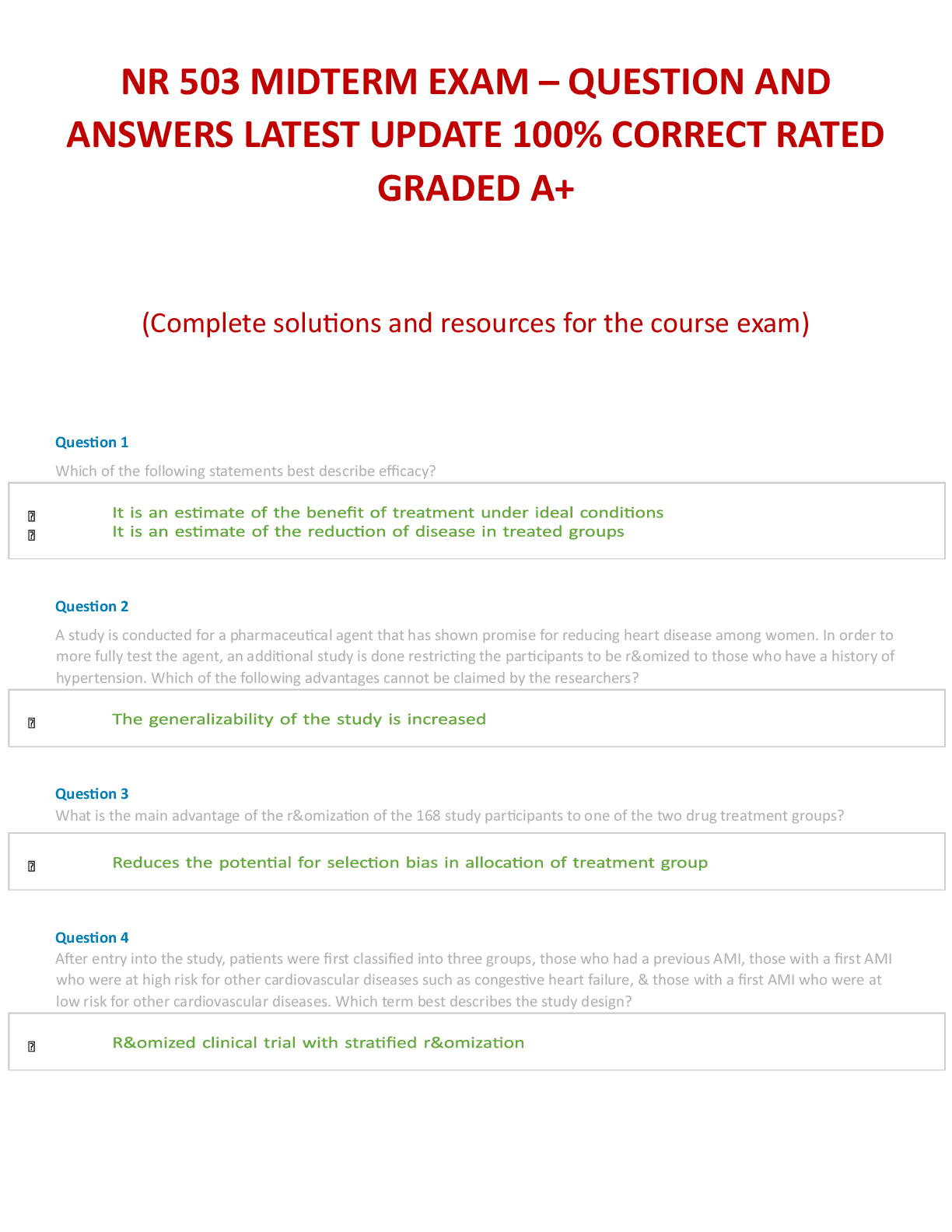 Preview image for NR 503 MIDTERM EXAM – QUESTION AND ANSWERS LATEST UPDATE 100 CORRECT RATED GRADED A+
