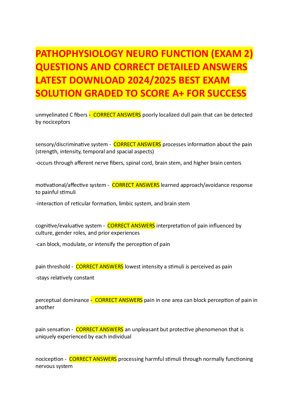 Preview image for PATHOPHYSIOLOGY NEURO FUNCTION (EXAM 2) QUESTIONS AND CORRECT DETAILED ANSWERS LATEST DOWNLOAD 2024-2025 BEST EXAM SOLUTION GRADED TO SCORE A+ FOR SUCCESS