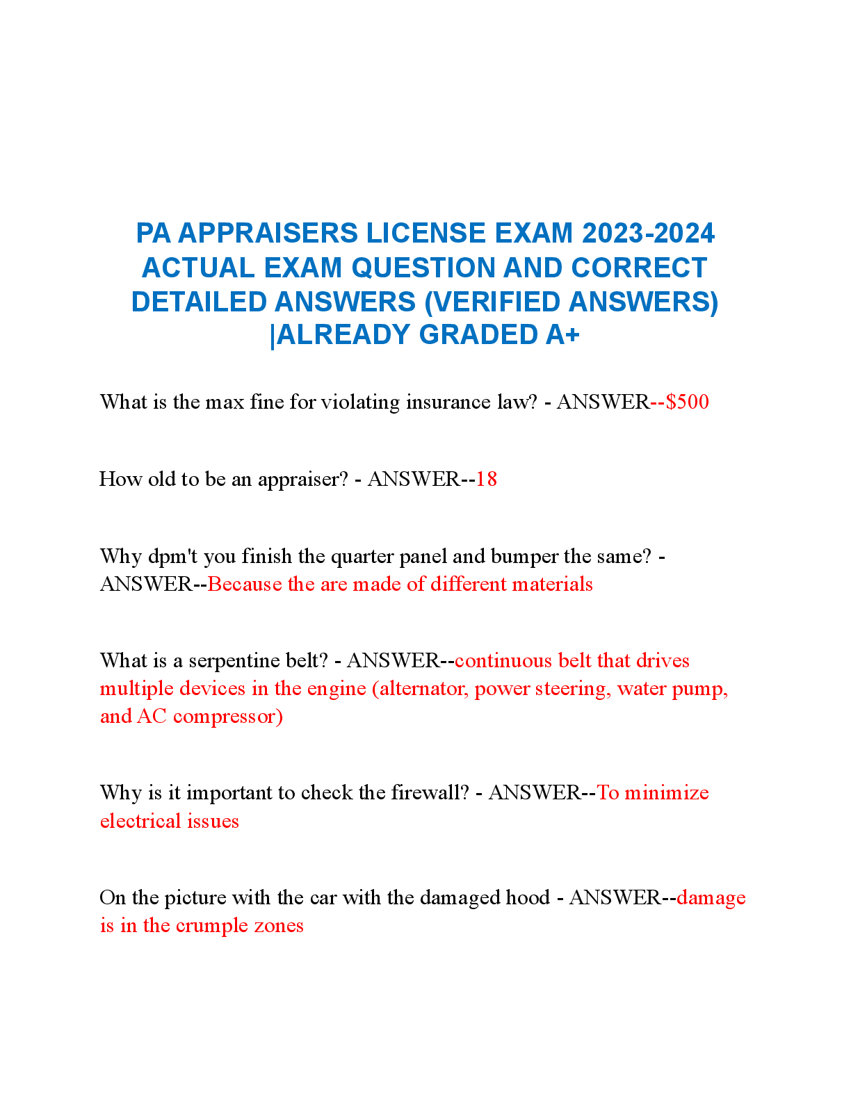 Preview image for PA APPRAISERS LICENSE EXAM 2023-2024 ACTUAL EXAM QUESTION AND CORRECT VERIFIED ANSWERS