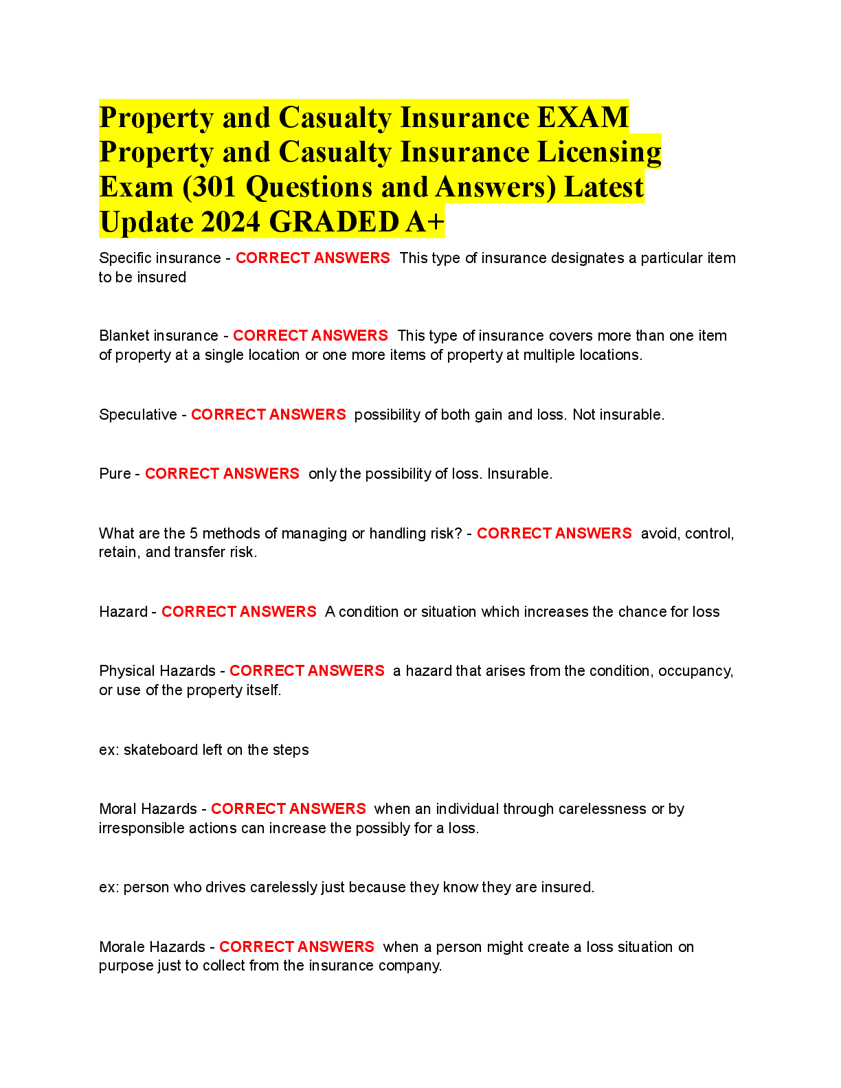 Preview image for Property and Casualty Insurance EXAM Property and Casualty Insurance Licensing Exam (301 Questions and Answers) Latest Update 2024 GRADED A+