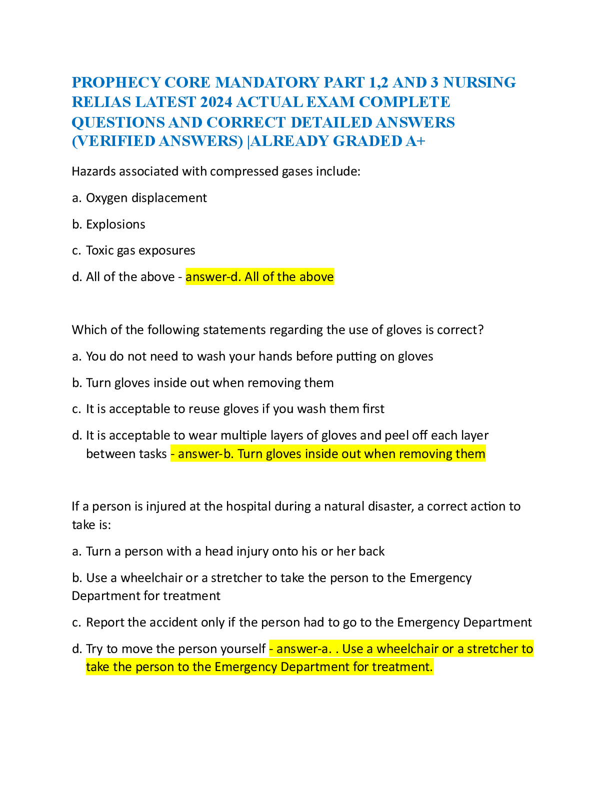 Preview image for PROPHECY CORE MANDATORY PART 1,2 AND 3 NURSING RELIAS LATEST 2024 ACTUAL EXAM QUESTIONS AND VERIFIED ANSWERS  GRADED A+
